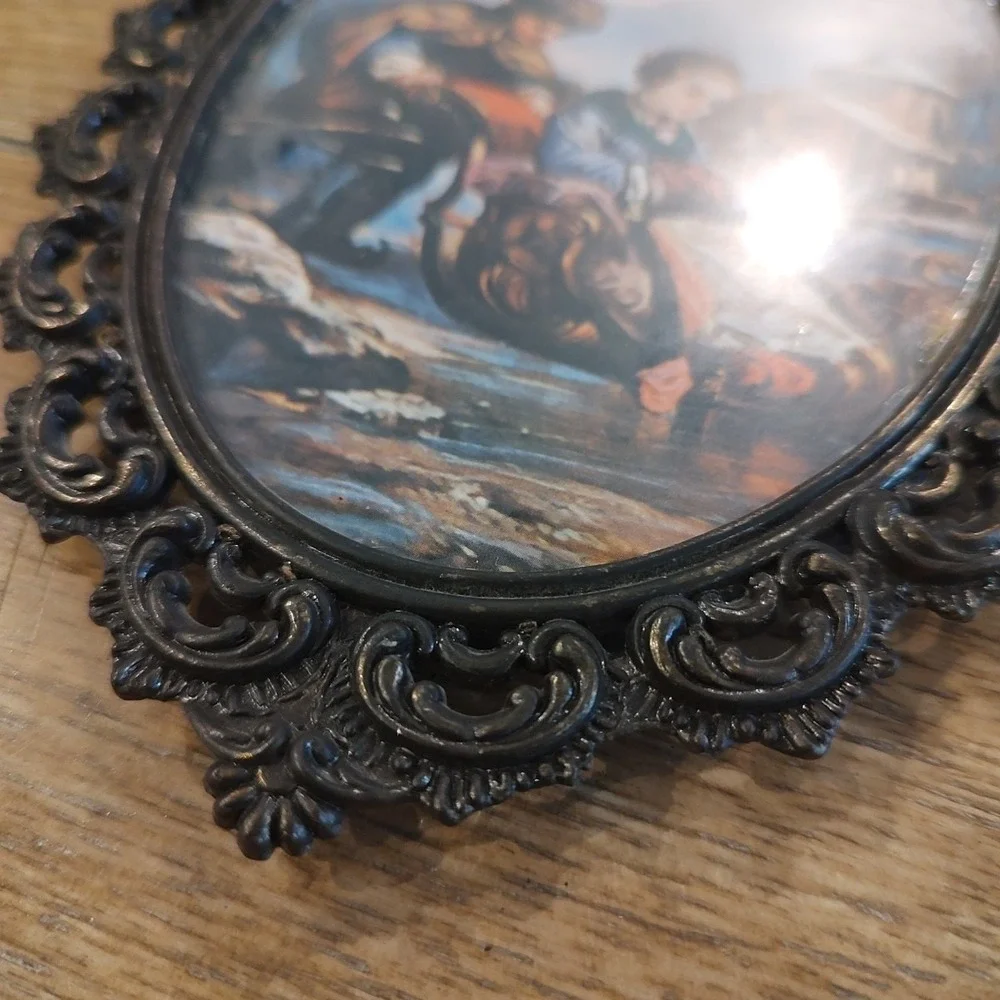 Vintage Action Brass Antique Photo Italy Metal Scroll Cottage Core Boy Girl Snow